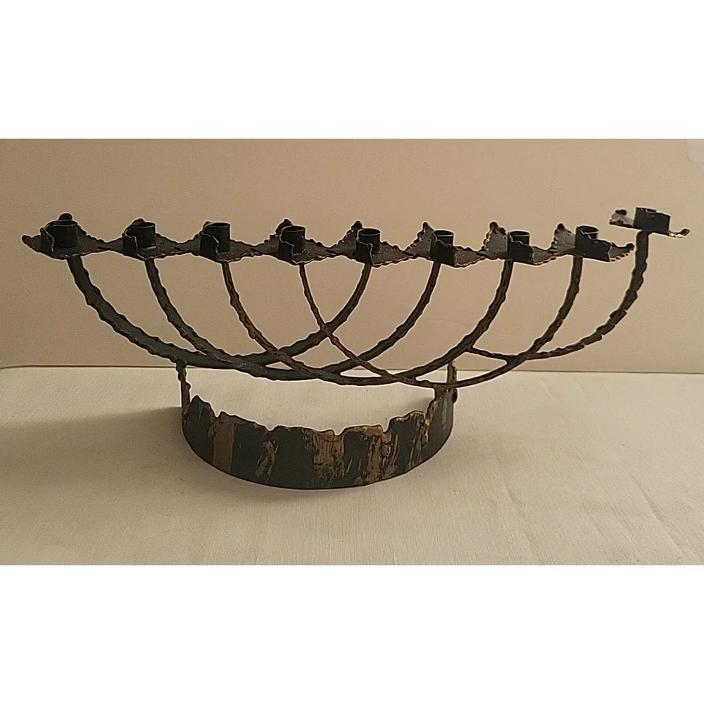 VTG Brutalist Black Metal Iron Handmade Menorah Candle Holder. Gold drip paint